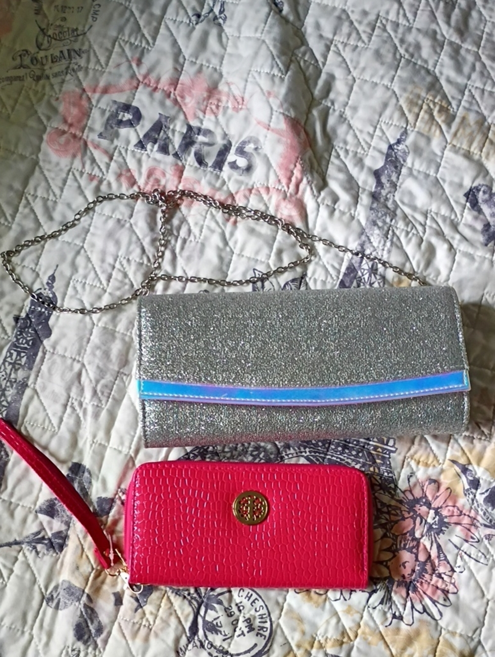 Silver Glitter Clutch with Holographic Trim and Bright Pink Wallet Set